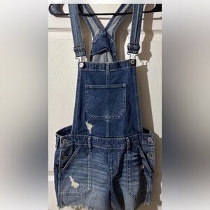 Hollister Women SZ S Boyfriend Short Overall Distressed Blue Denim Retro Hip Y2K